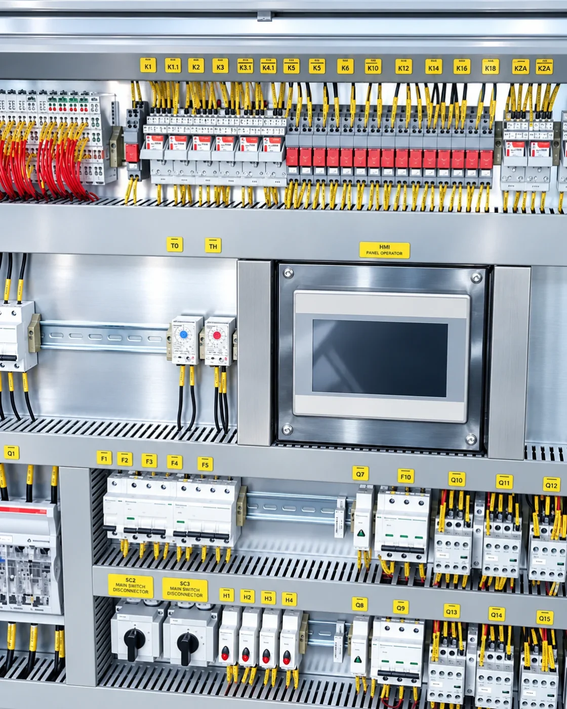 Szafa sterownicza z panelem operatorskim HMI, opisaną aparaturą i rozłącznikami głównymi